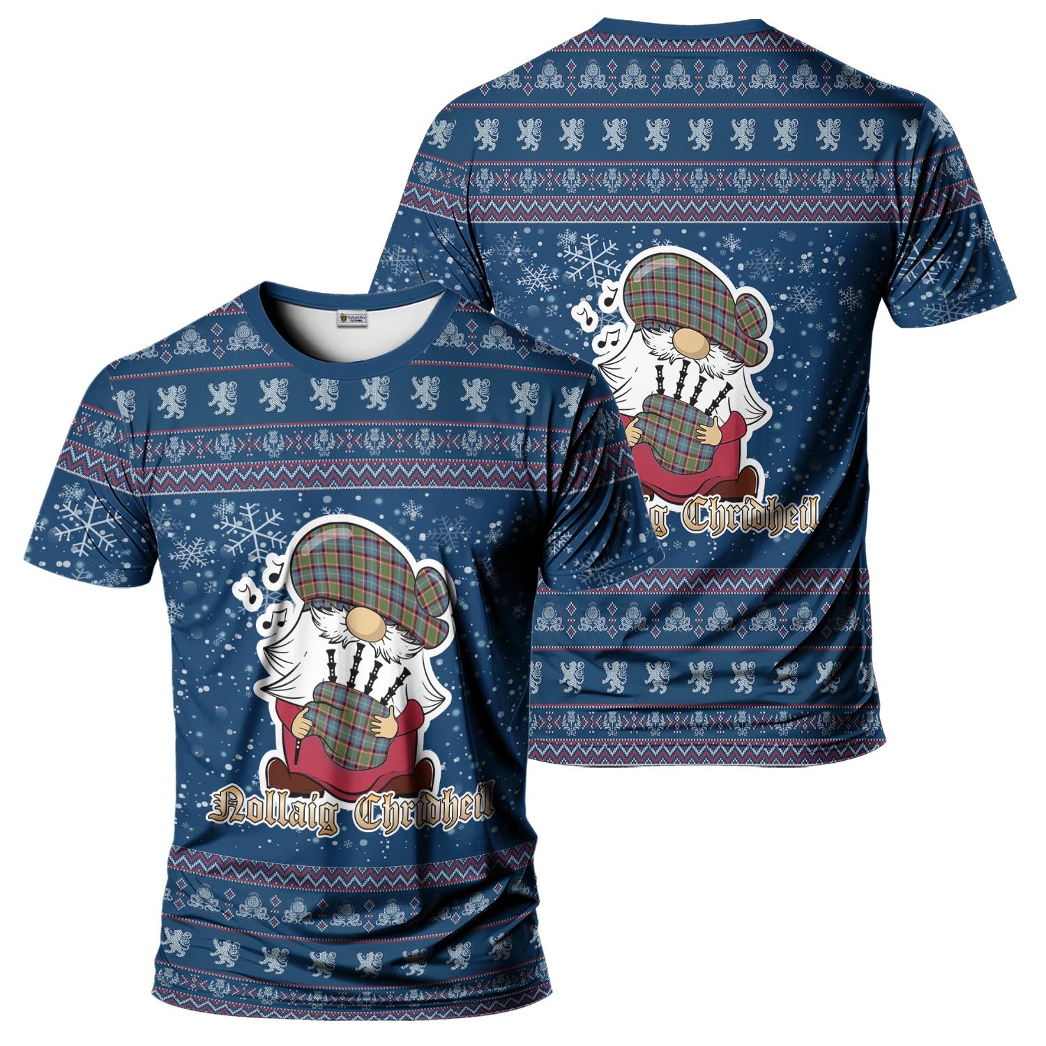 Aikenhead Clan Christmas Family T-Shirt with Funny Gnome Playing Bagpipes Kid's Shirt Blue - Tartanvibesclothing