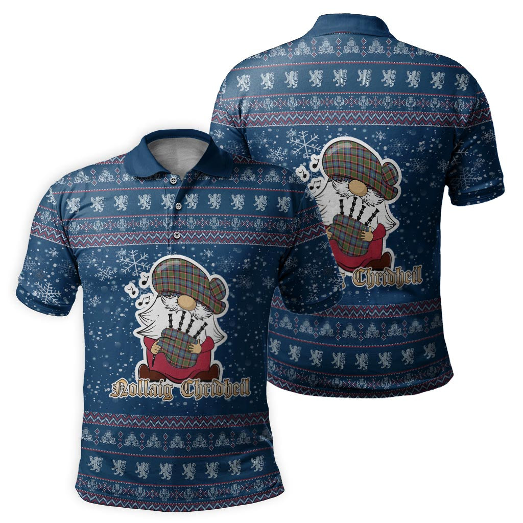 Aikenhead Clan Christmas Family Polo Shirt with Funny Gnome Playing Bagpipes Men's Polo Shirt Blue - Tartanvibesclothing