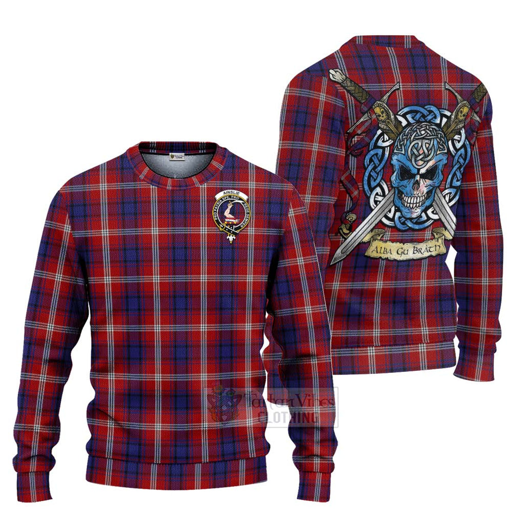 Tartan Vibes Clothing Ainslie Tartan Knitted Sweater with Family Crest Celtic Skull Style