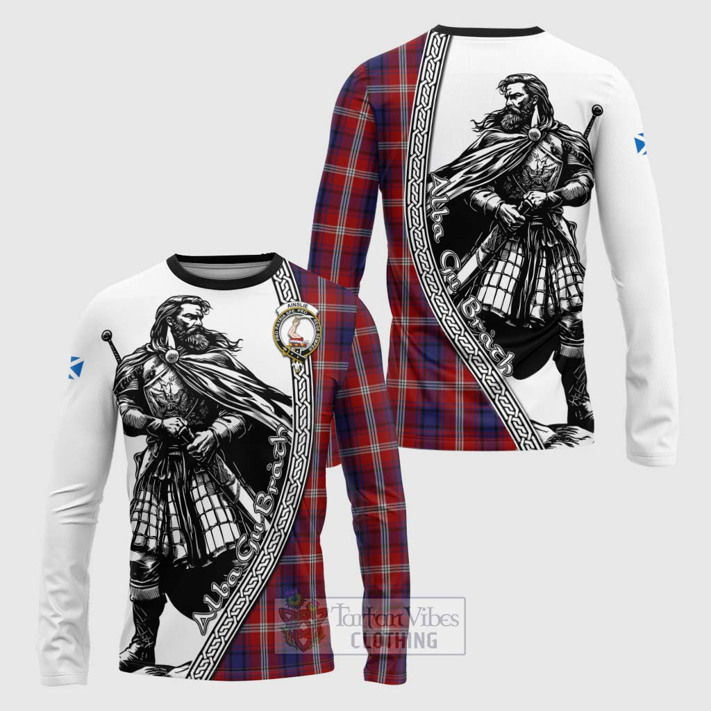 Tartan Vibes Clothing Ainslie Tartan Clan Crest Long Sleeve T-Shirt with Highlander Warrior Celtic Style