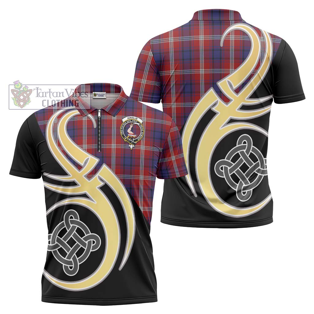 Tartan Vibes Clothing Ainslie Tartan Zipper Polo Shirt with Family Crest and Celtic Symbol Style