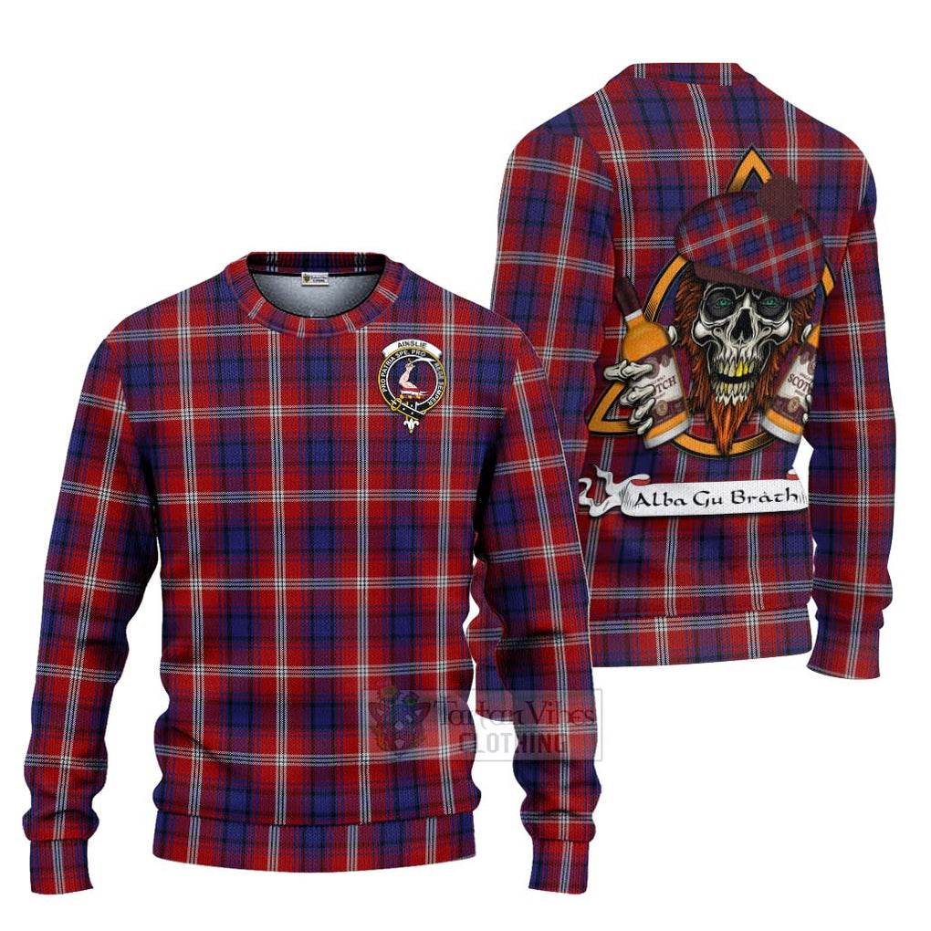 Tartan Vibes Clothing Ainslie Tartan Knitted Sweater with Family Crest and Bearded Skull Holding Bottles of Whiskey