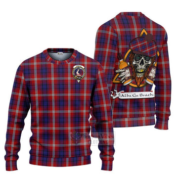 Ainslie Tartan Ugly Sweater with Family Crest and Bearded Skull Holding Bottles of Whiskey