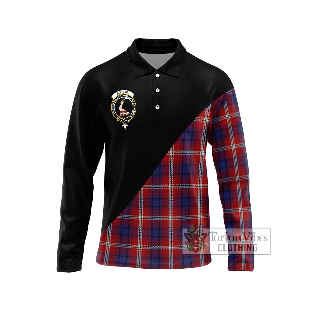 Ainslie Tartan Long Sleeve Polo Shirt with Family Crest and Military Logo Style Unisex - Tartanvibesclothing Shop