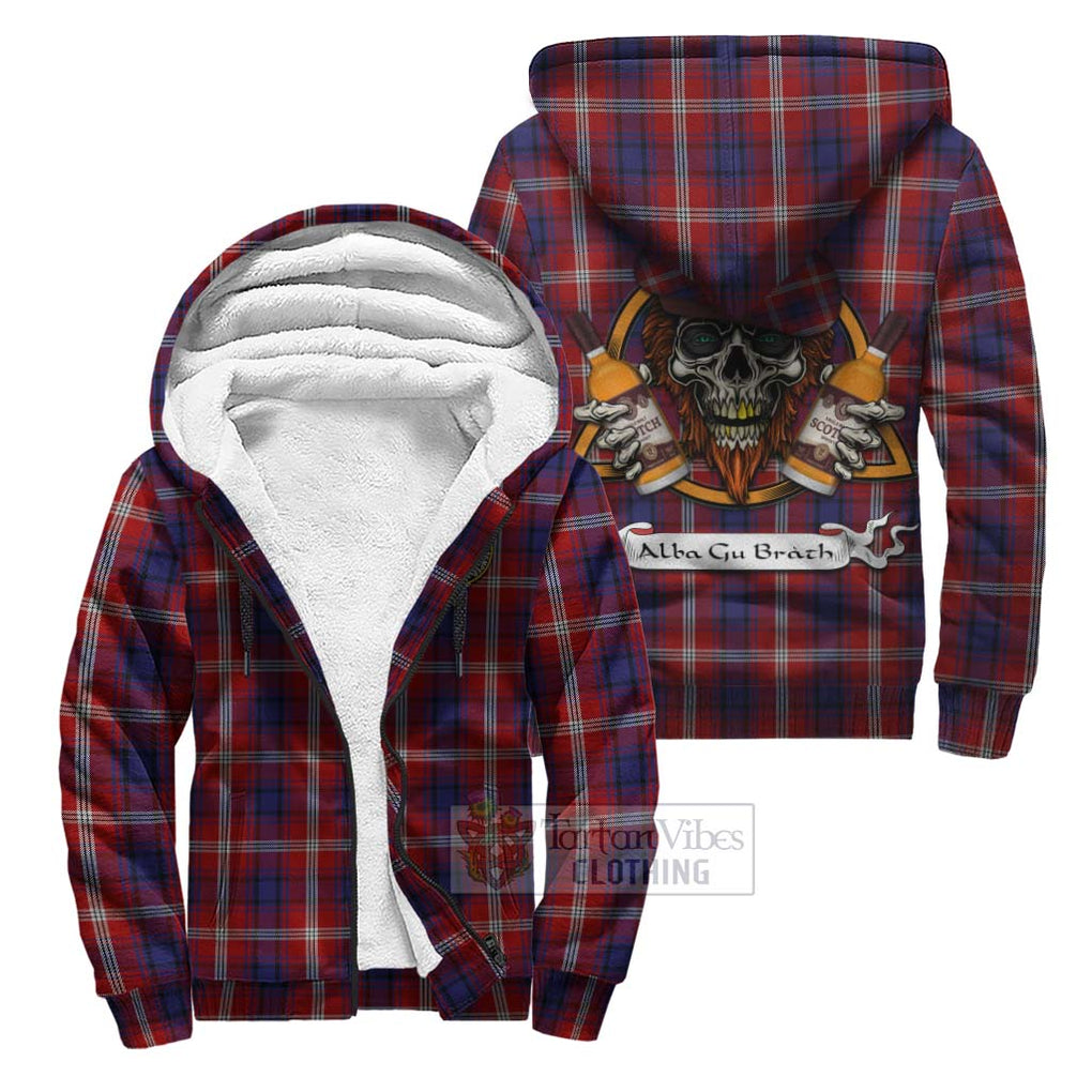 Tartan Vibes Clothing Ainslie Tartan Sherpa Hoodie with Family Crest and Bearded Skull Holding Bottles of Whiskey