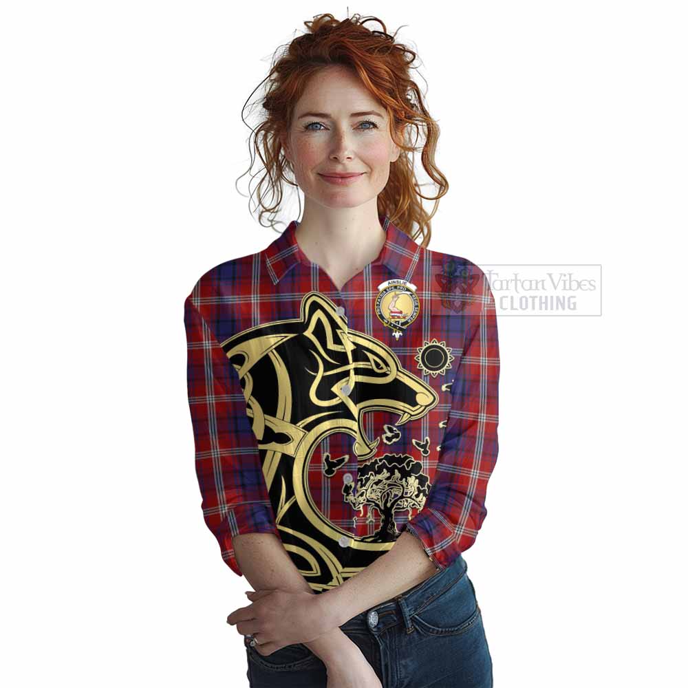 Tartan Vibes Clothing Ainslie Tartan Women's Casual Shirt with Family Crest Celtic Wolf Style