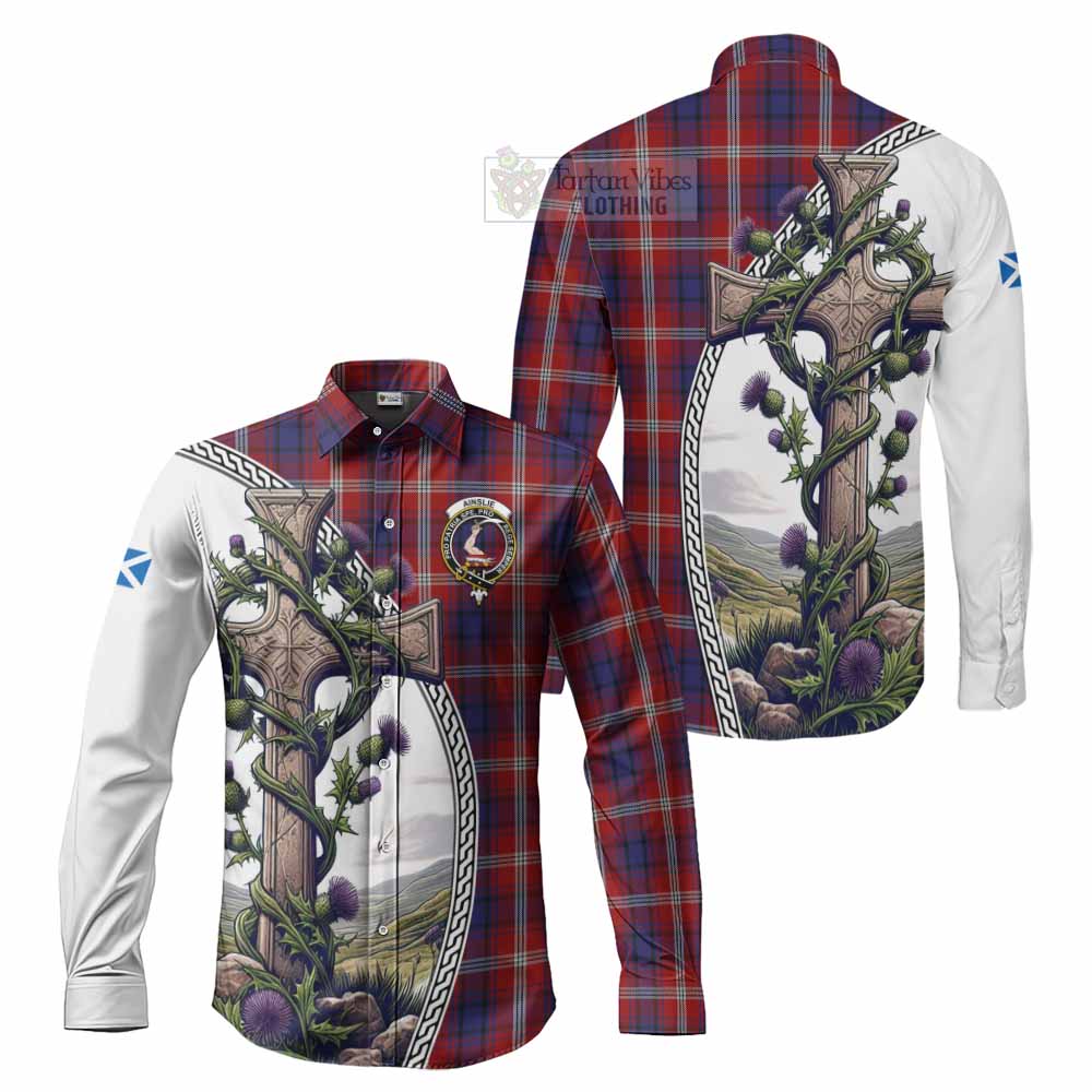 Tartan Vibes Clothing Ainslie Tartan Long Sleeve Button Shirt with Family Crest and St. Andrew's Cross Accented by Thistle Vines