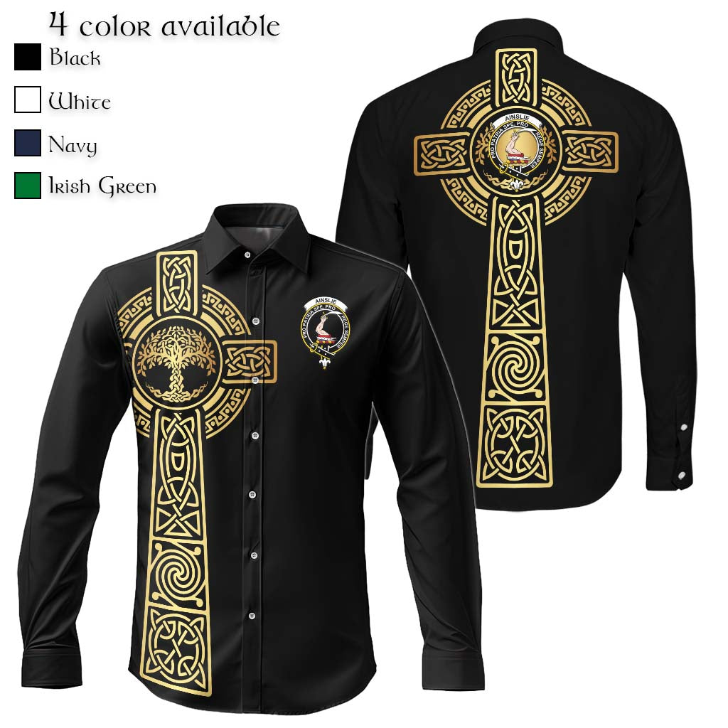 Ainslie Clan Mens Long Sleeve Button Up Shirt with Golden Celtic Tree Of Life Men's Shirt Black - Tartanvibesclothing