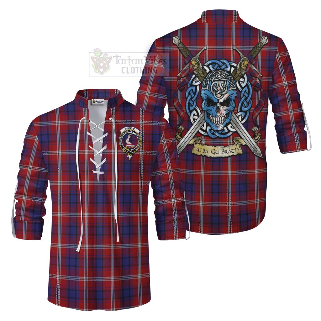 Tartan Vibes Clothing Ainslie Tartan Ghillie Kilt Shirt with Family Crest Celtic Skull Style