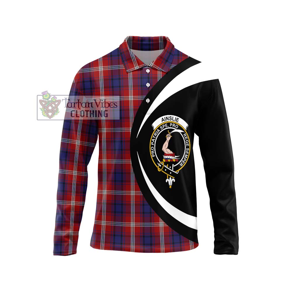 Ainslie Tartan Long Sleeve Polo Shirt with Family Crest Circle Style Unisex - Tartan Vibes Clothing