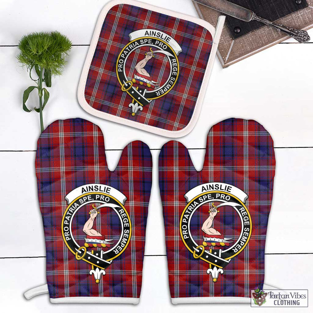 Ainslie Tartan Combo Oven Mitt & Pot-Holder with Family Crest Combo 1 Oven Mitt & 1 Pot-Holder White - Tartan Vibes Clothing