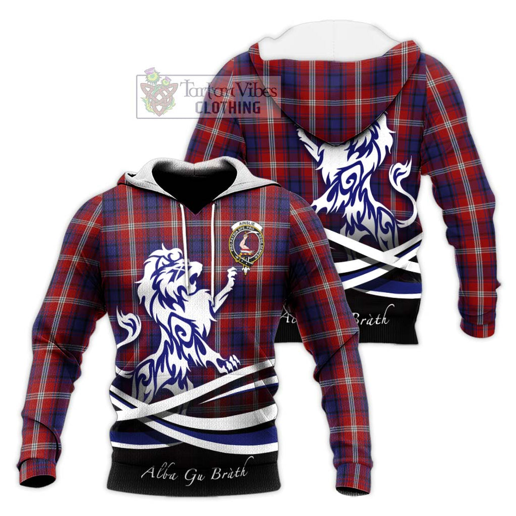 Ainslie Tartan Knitted Hoodie with Alba Gu Brath Regal Lion Emblem Unisex Knitted Pullover Hoodie - Tartanvibesclothing Shop