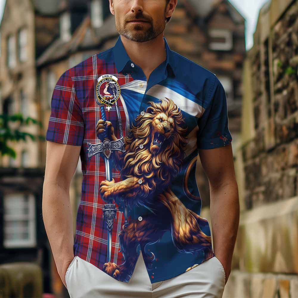 Tartan Vibes Clothing Ainslie Tartan Family Crest Short Sleeve Button Shirt with Scottish Majestic Lion