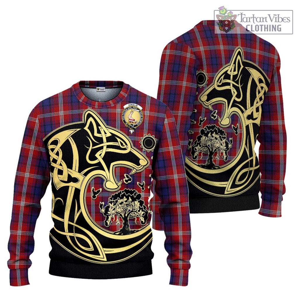 Ainslie Tartan Knitted Sweater with Family Crest Celtic Wolf Style Unisex - Tartan Vibes Clothing