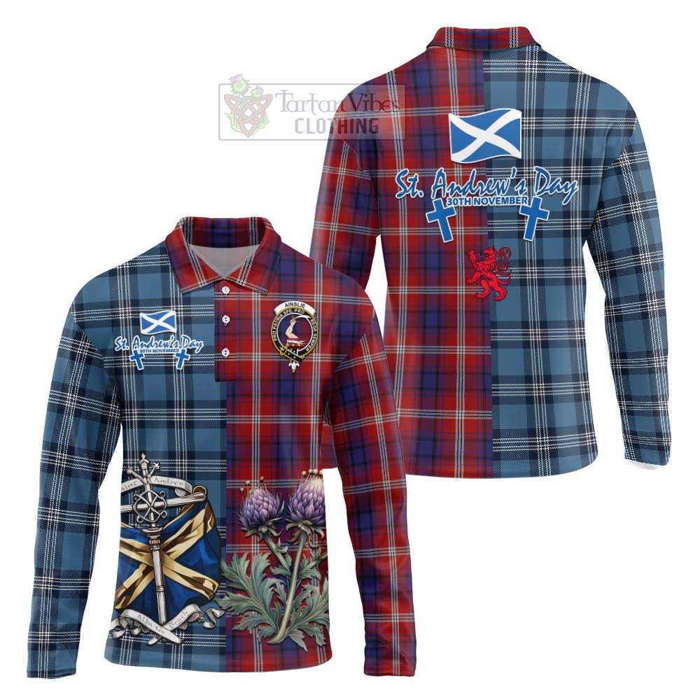 Tartan Vibes Clothing Ainslie Tartan Long Sleeve Polo Shirt Happy St. Andrew's Day Half Tartan Style