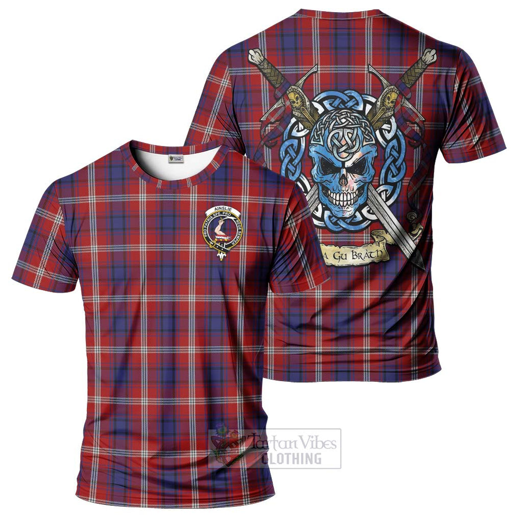 Tartan Vibes Clothing Ainslie Tartan T-Shirt with Family Crest Celtic Skull Style