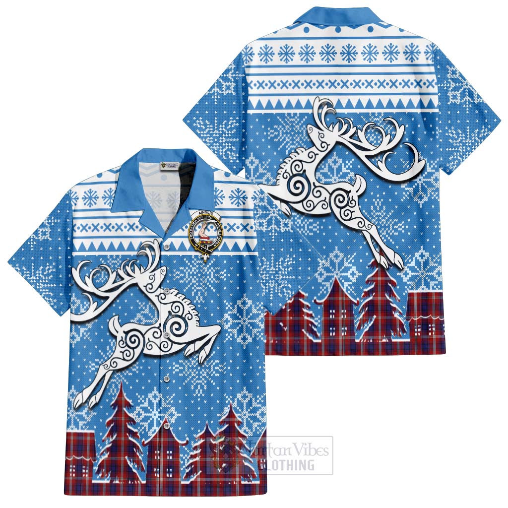 Tartan Vibes Clothing Ainslie Clan Christmas Short Sleeve Button Shirt Celtic Reindeer Style