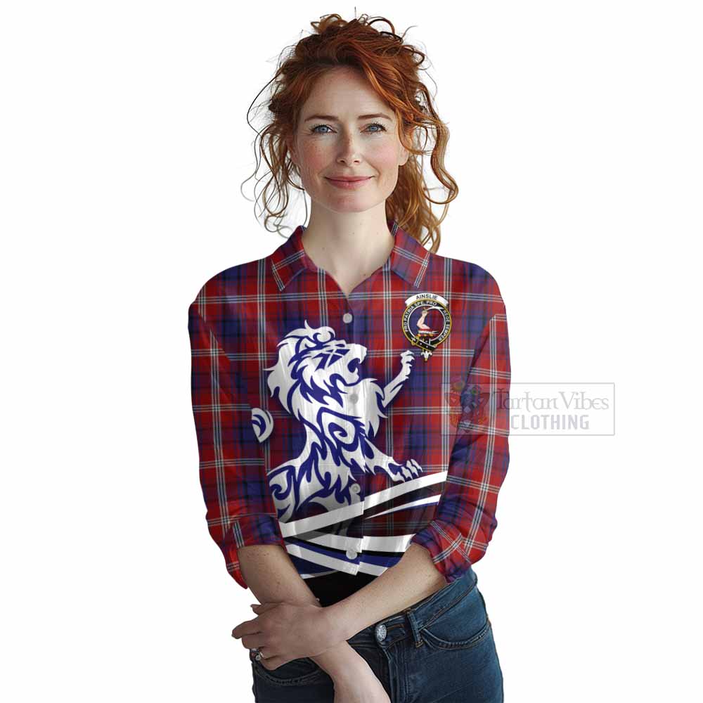 Tartan Vibes Clothing Ainslie Tartan Women's Casual Shirt with Alba Gu Brath Regal Lion Emblem