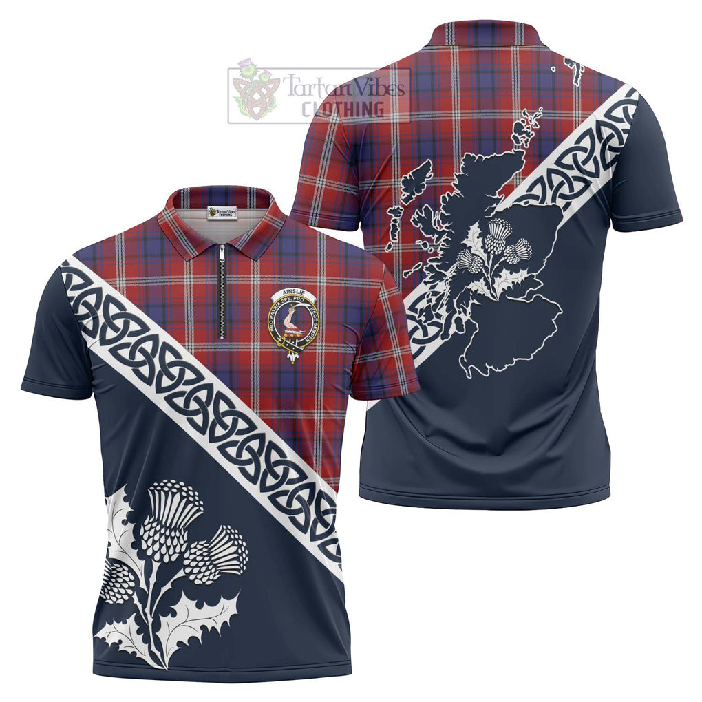 Tartan Vibes Clothing Ainslie Tartan Zipper Polo Shirt Featuring Thistle and Scotland Map