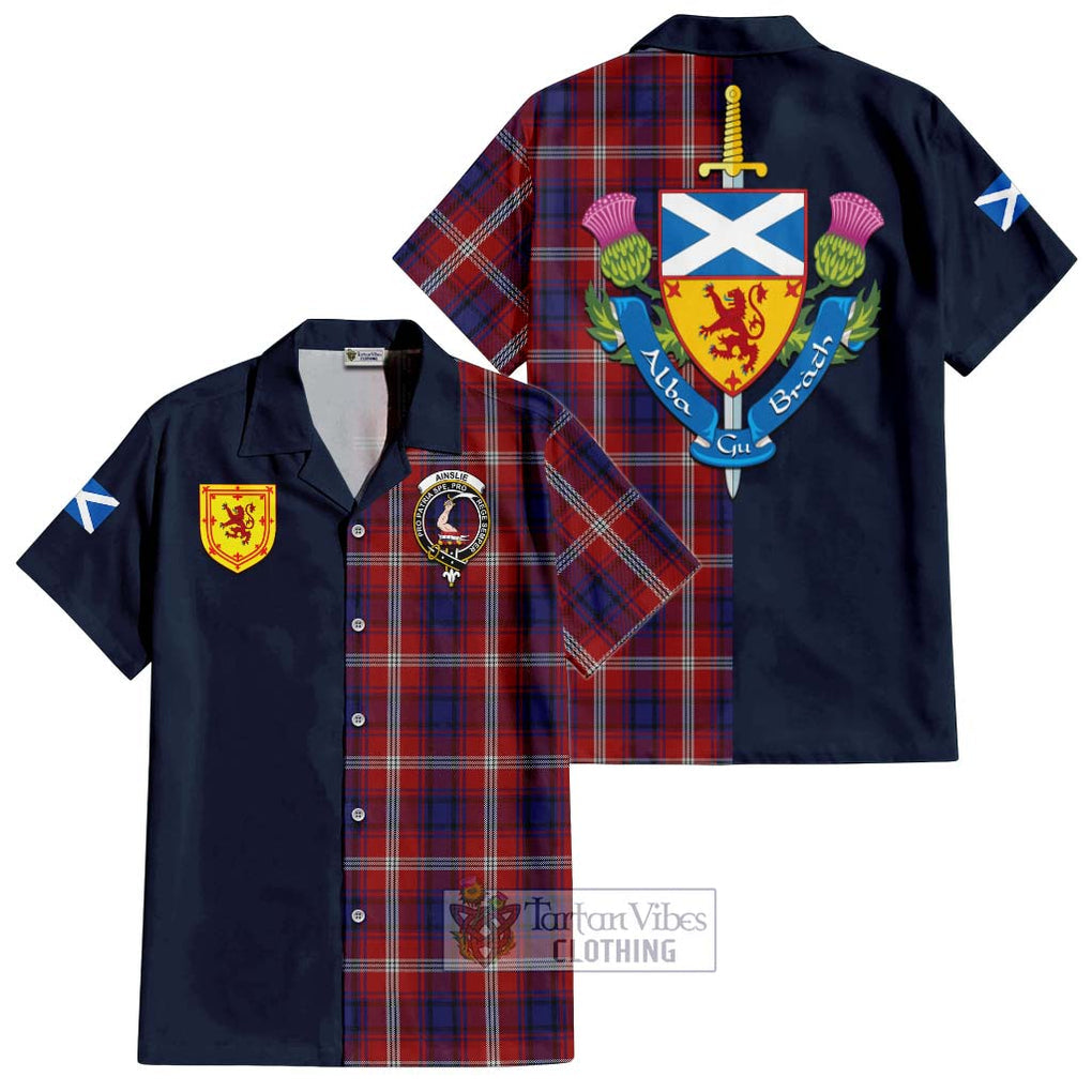 Tartan Vibes Clothing Ainslie Tartan Short Sleeve Button Shirt with Scottish Lion Royal Arm Half Style