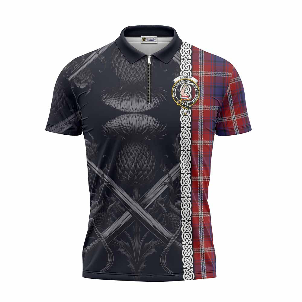 Tartan Vibes Clothing Ainslie Tartan Zipper Polo Shirt with Family Crest Cross Sword Thistle Celtic Vibes