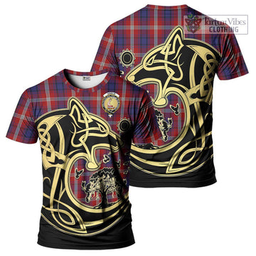 Ainslie Tartan T-Shirt with Family Crest Celtic Wolf Style