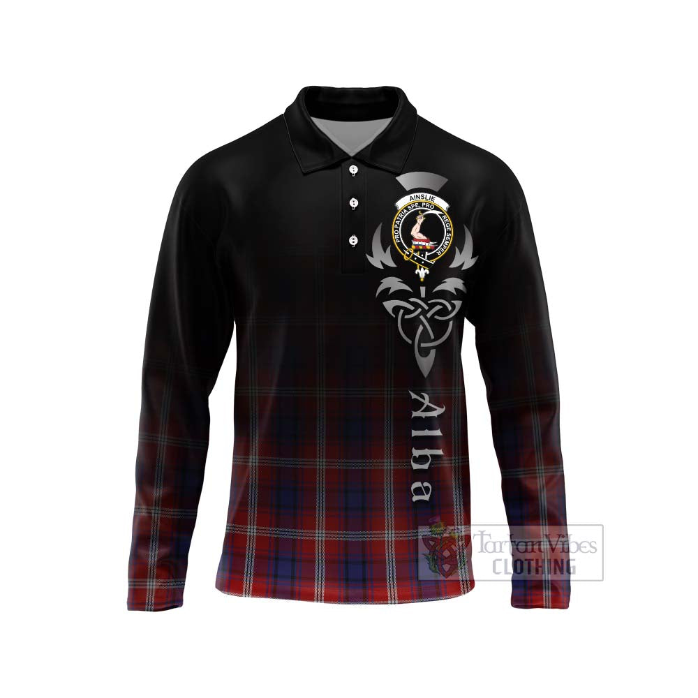 Tartan Vibes Clothing Ainslie Tartan Long Sleeve Polo Shirt Featuring Alba Gu Brath Family Crest Celtic Inspired