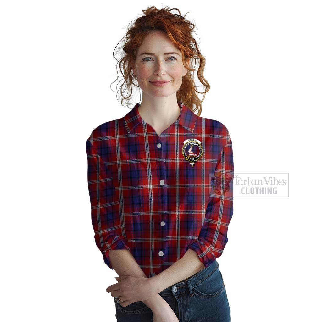 Tartan Vibes Clothing Ainslie Tartan Women's Casual Shirt with Family Crest and Bearded Skull Holding Bottles of Whiskey