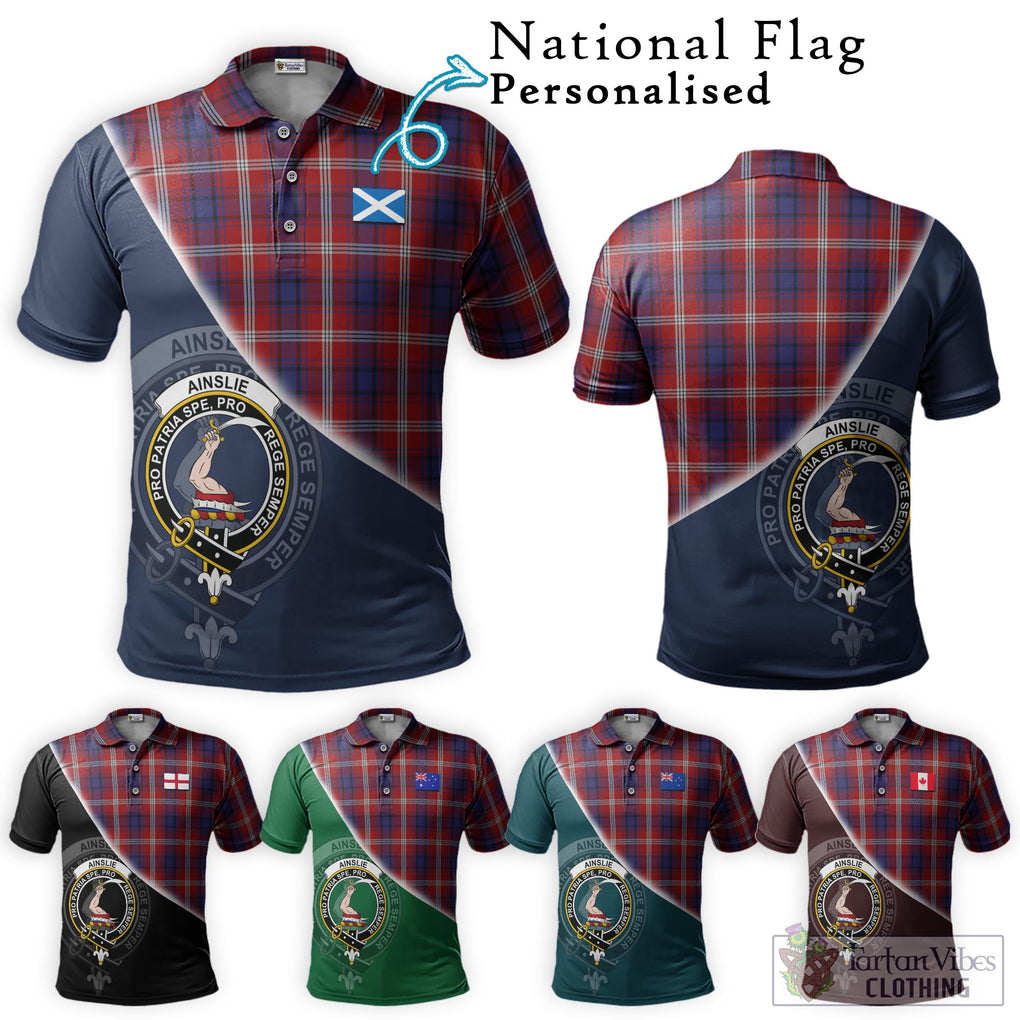 Ainslie Tartan Polo Shirt with Personalised National Flag and Family Crest Half Style Maroon - Tartanvibesclothing Shop