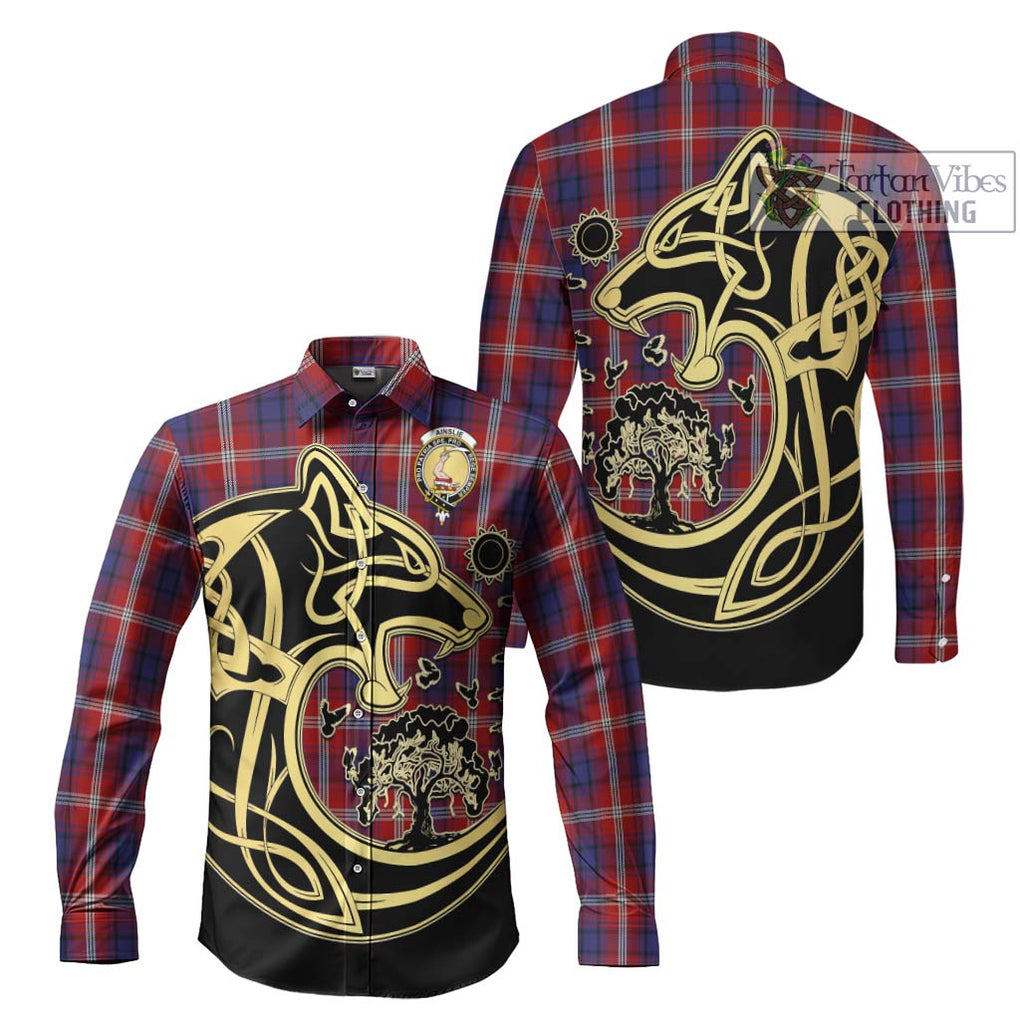 Ainslie Tartan Long Sleeve Button Shirt with Family Crest Celtic Wolf Style Men's Shirt S - Tartan Vibes Clothing