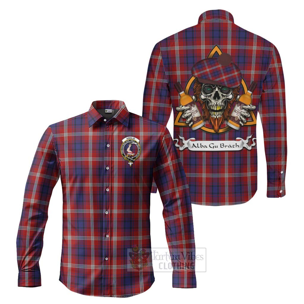 Tartan Vibes Clothing Ainslie Tartan Long Sleeve Button Shirt with Family Crest and Bearded Skull Holding Bottles of Whiskey