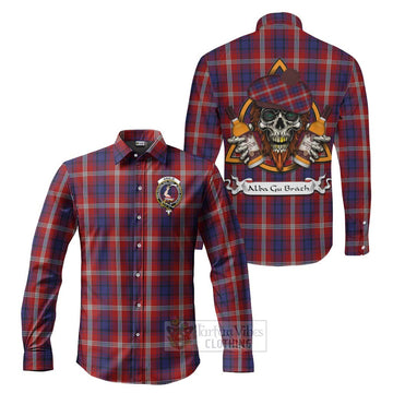 Ainslie Tartan Long Sleeve Button Shirt with Family Crest and Bearded Skull Holding Bottles of Whiskey