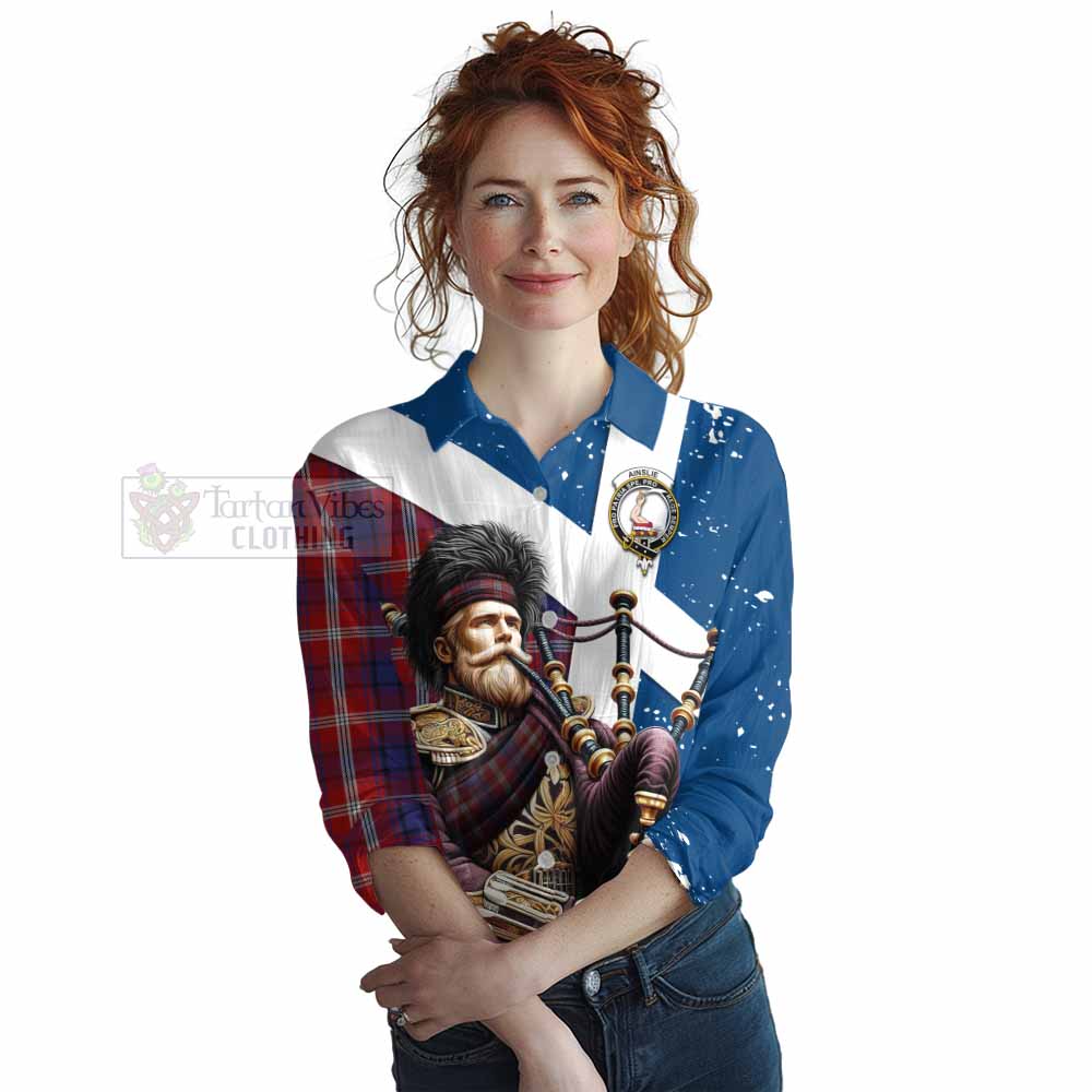 Tartan Vibes Clothing Ainslie Tartan Women's Casual Shirt with Family Crest Scottish Bagpiper Vibes