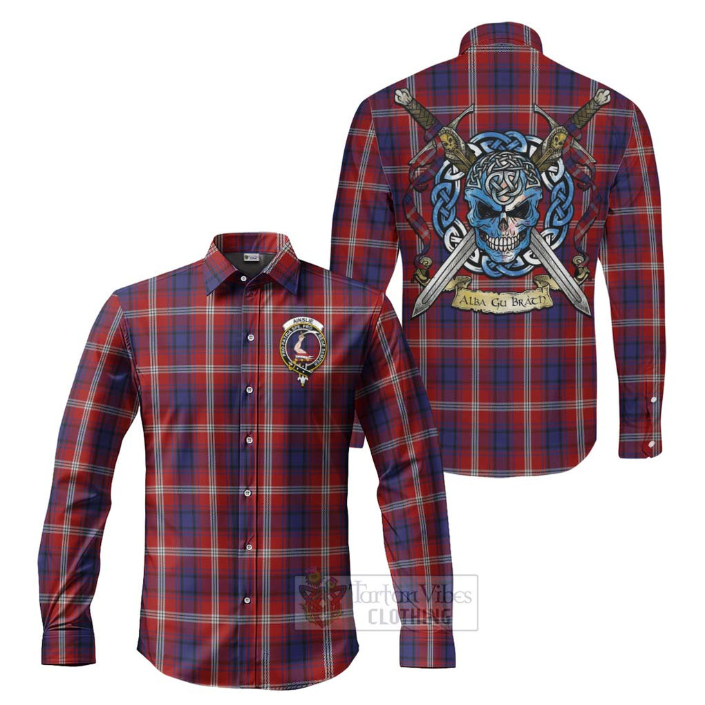 Tartan Vibes Clothing Ainslie Tartan Long Sleeve Button Shirt with Family Crest Celtic Skull Style