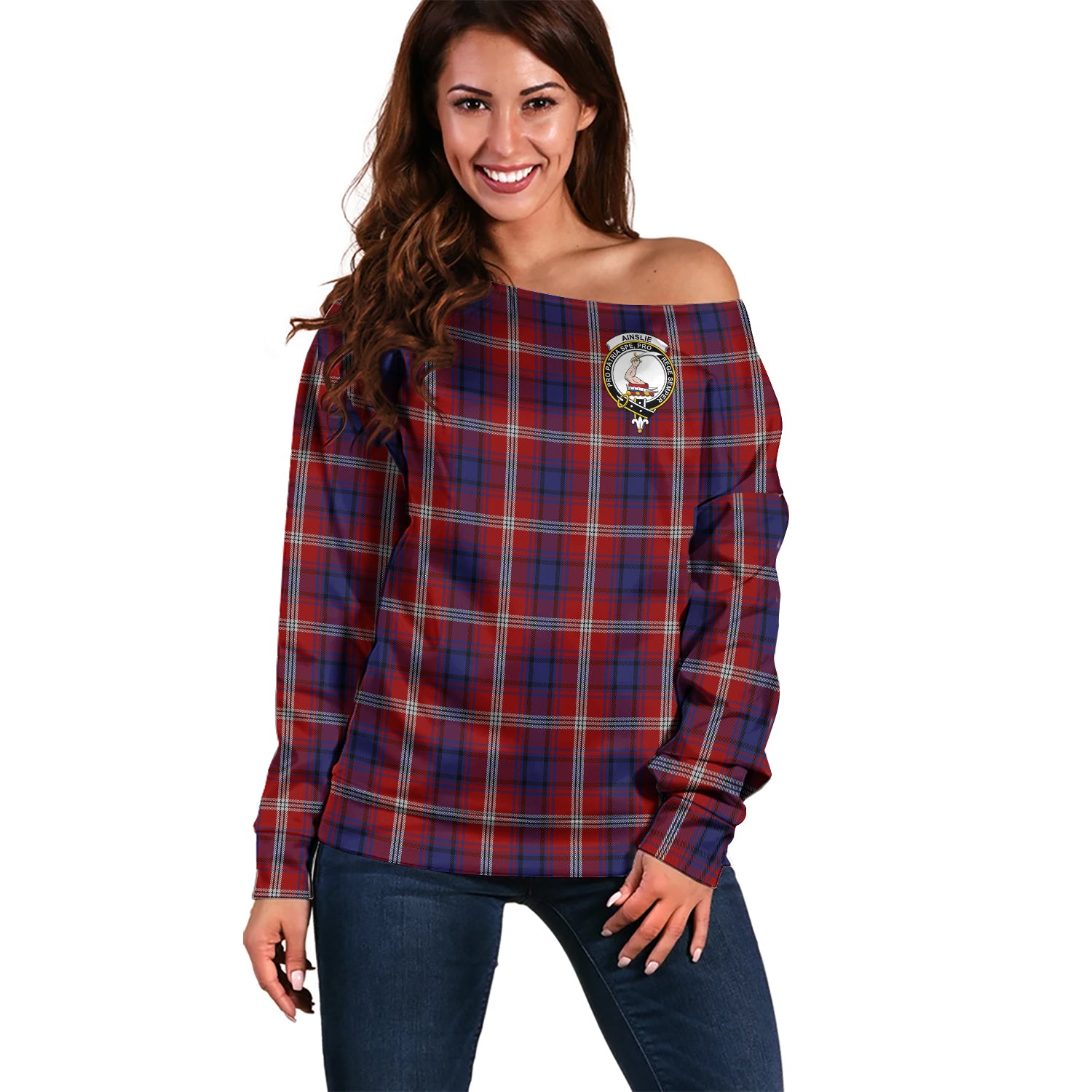 Ainslie Tartan Off Shoulder Women Sweater with Family Crest Women - Tartanvibesclothing