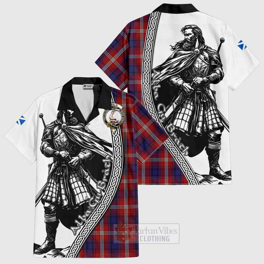 Tartan Vibes Clothing Ainslie Tartan Clan Crest Short Sleeve Button Shirt with Highlander Warrior Celtic Style