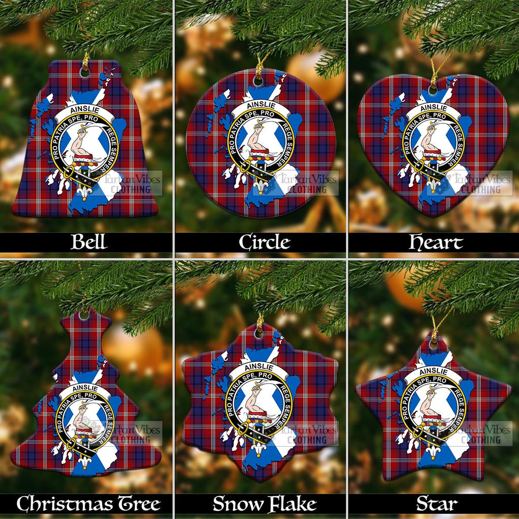 Tartan Vibes Clothing Ainslie Tartan Christmas Ornament with Family Crest and Scotland Map