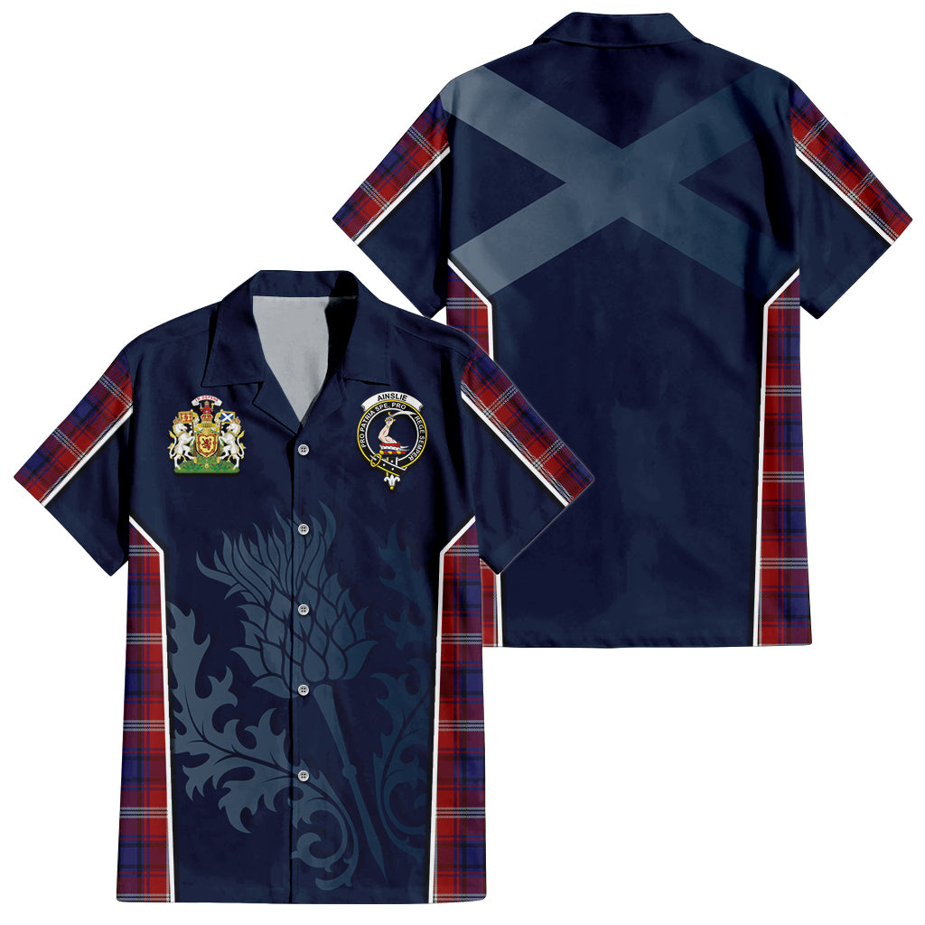 Tartan Vibes Clothing Ainslie Tartan Short Sleeve Button Up Shirt with Family Crest and Scottish Thistle Vibes Sport Style