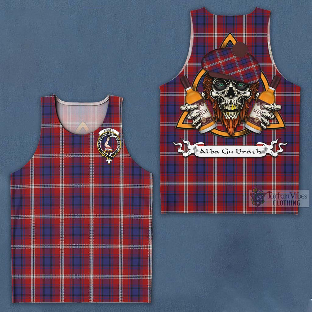 Tartan Vibes Clothing Ainslie Tartan Men's Tank Top with Family Crest and Bearded Skull Holding Bottles of Whiskey