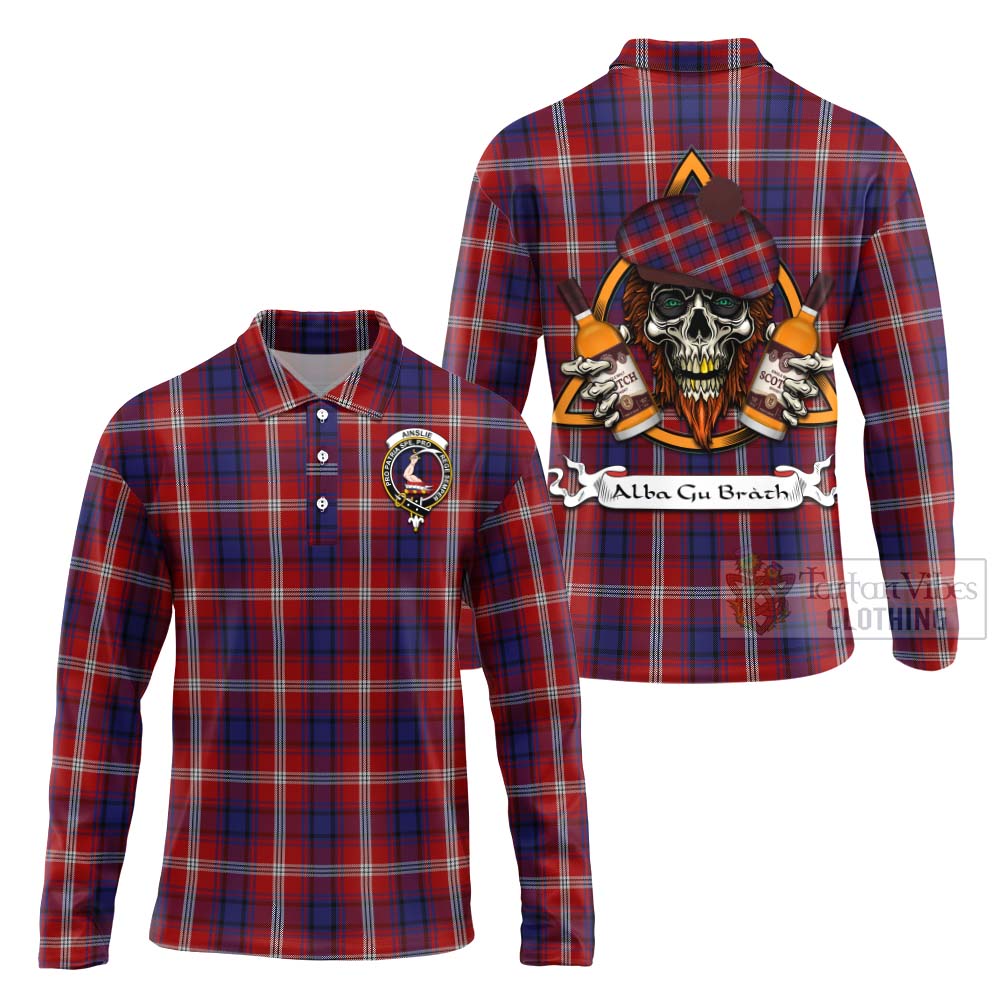 Tartan Vibes Clothing Ainslie Tartan Long Sleeve Polo Shirt with Family Crest and Bearded Skull Holding Bottles of Whiskey