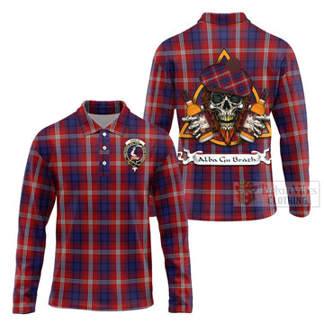 Ainslie Tartan Long Sleeve Polo Shirt with Family Crest and Bearded Skull Holding Bottles of Whiskey