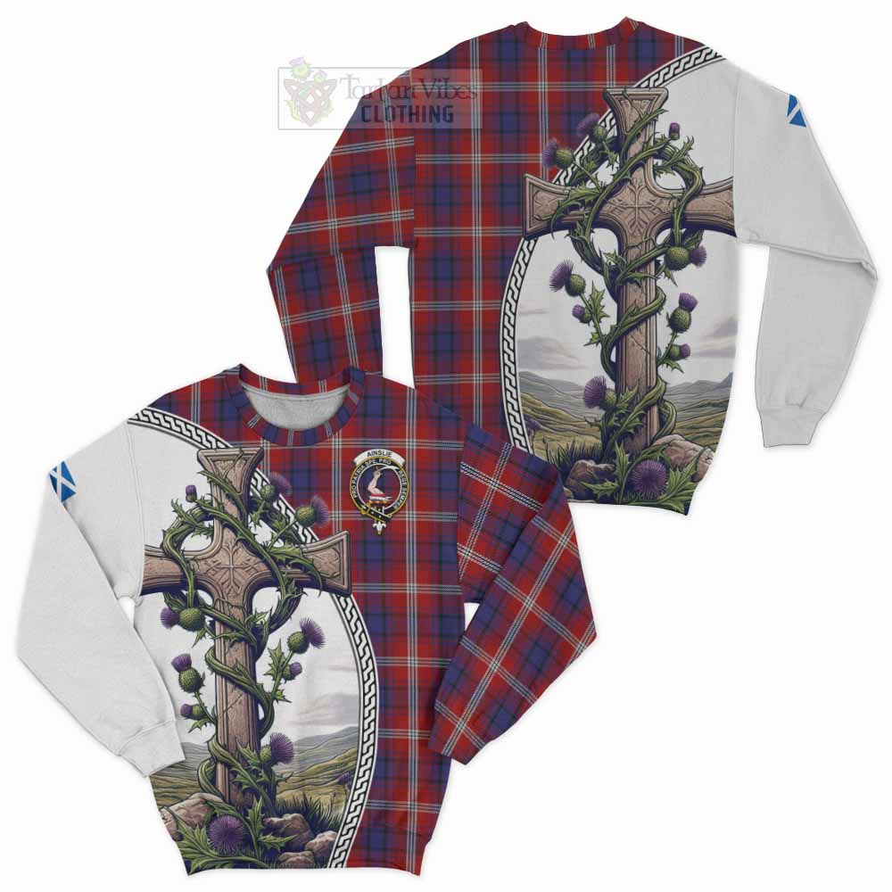 Tartan Vibes Clothing Ainslie Tartan Sweatshirt with Family Crest and St. Andrew's Cross Accented by Thistle Vines