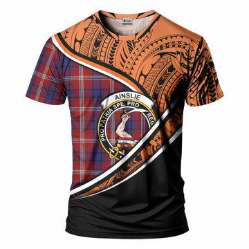 Ainslie Crest Tartan T-Shirt with Polynesian Vibes Style - Orange Version