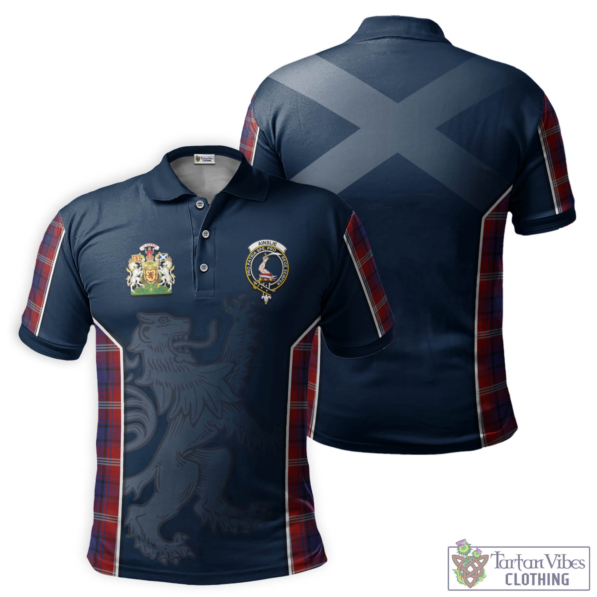 Tartan Vibes Clothing Ainslie Tartan Men's Polo Shirt with Family Crest and Lion Rampant Vibes Sport Style