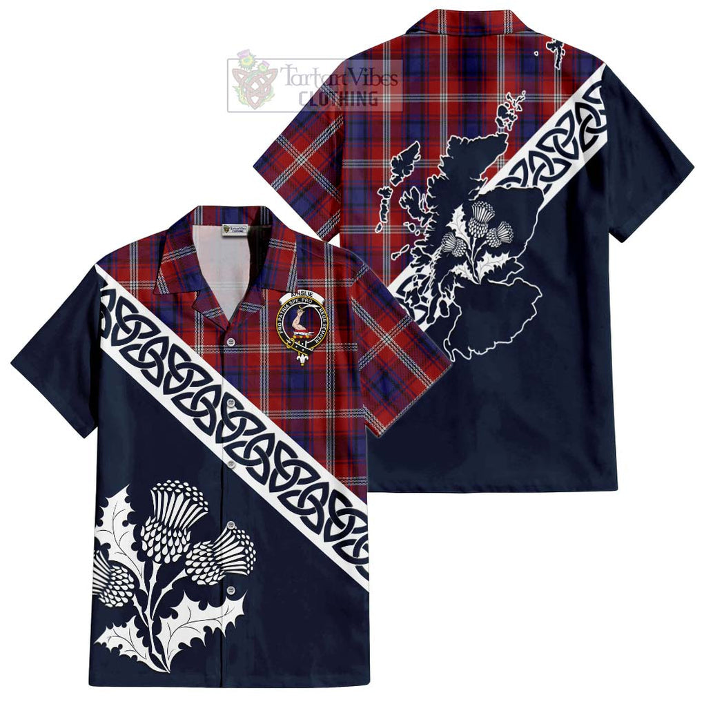 Tartan Vibes Clothing Ainslie Tartan Short Sleeve Button Shirt Featuring Thistle and Scotland Map