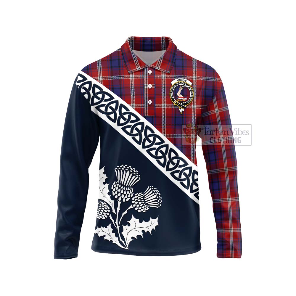 Tartan Vibes Clothing Ainslie Tartan Long Sleeve Polo Shirt Featuring Thistle and Scotland Map