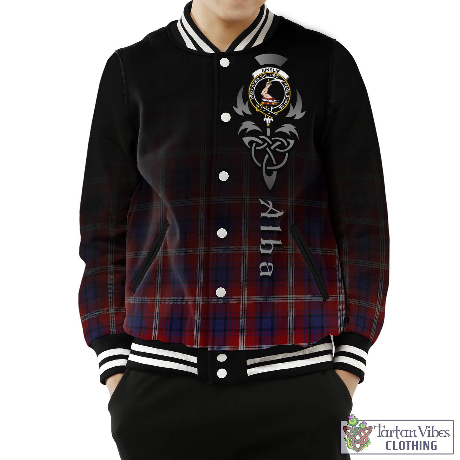 Tartan Vibes Clothing Ainslie Tartan Baseball Jacket Featuring Alba Gu Brath Family Crest Celtic Inspired