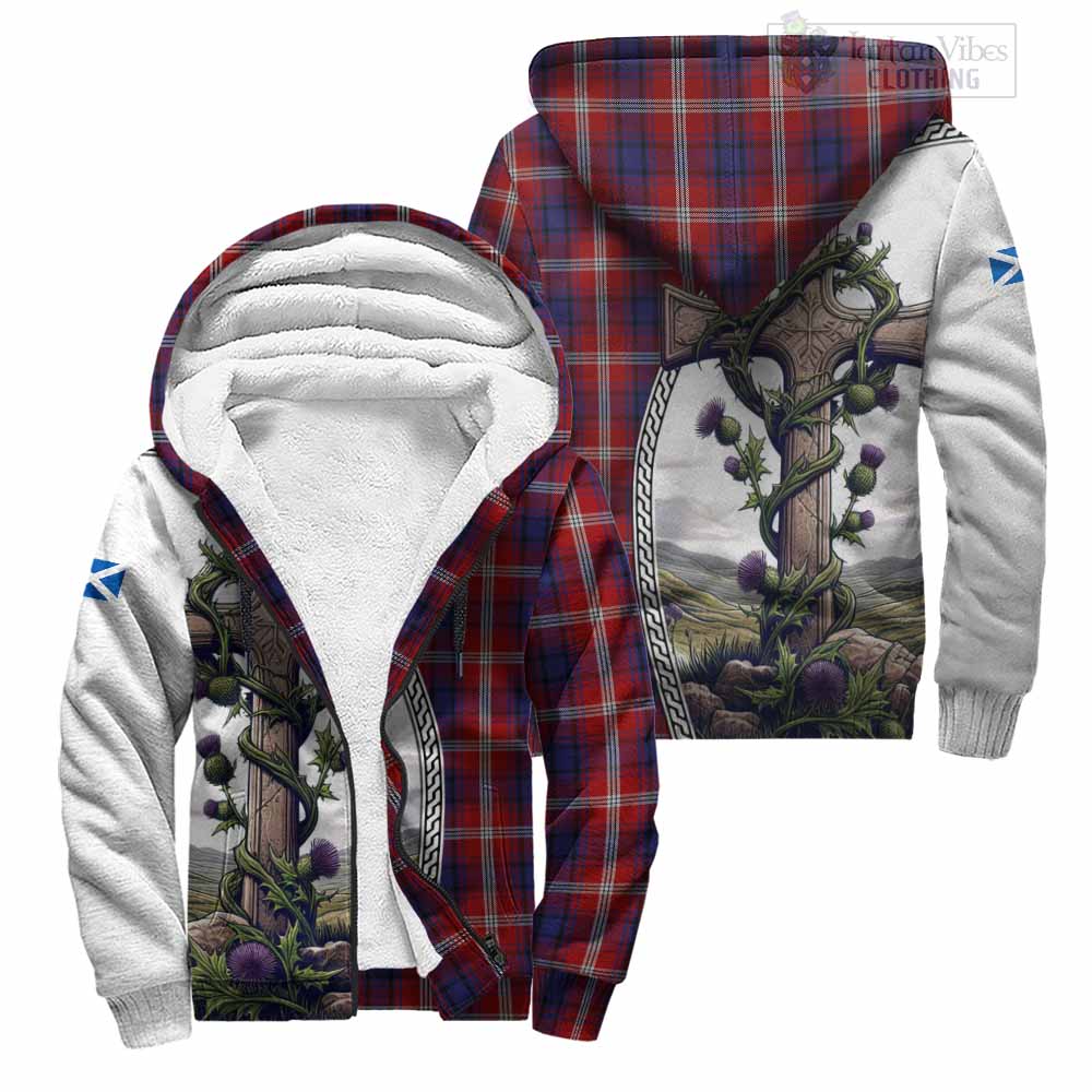 Tartan Vibes Clothing Ainslie Tartan Sherpa Hoodie with Family Crest and St. Andrew's Cross Accented by Thistle Vines