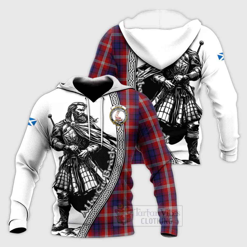 Tartan Vibes Clothing Ainslie Tartan Clan Crest Knitted Hoodie with Highlander Warrior Celtic Style