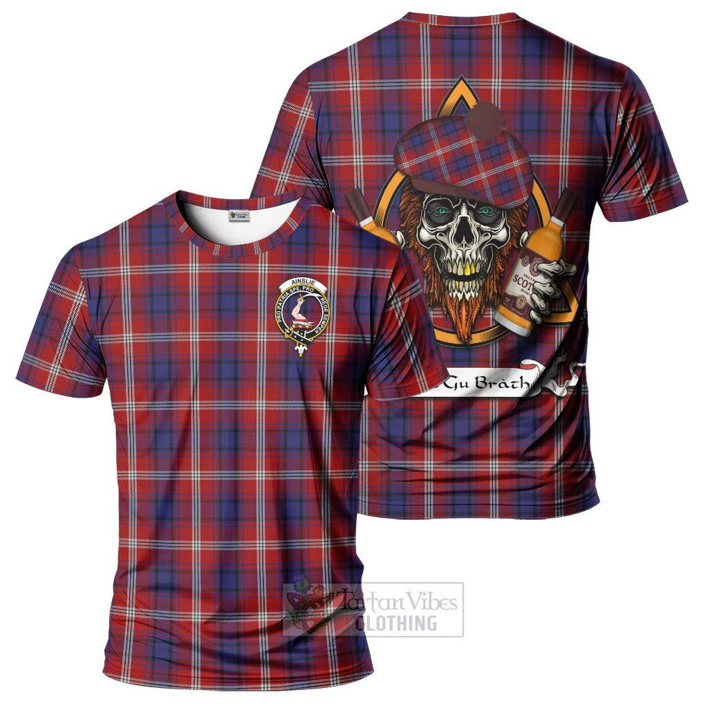 Tartan Vibes Clothing Ainslie Tartan T-Shirt with Family Crest and Bearded Skull Holding Bottles of Whiskey